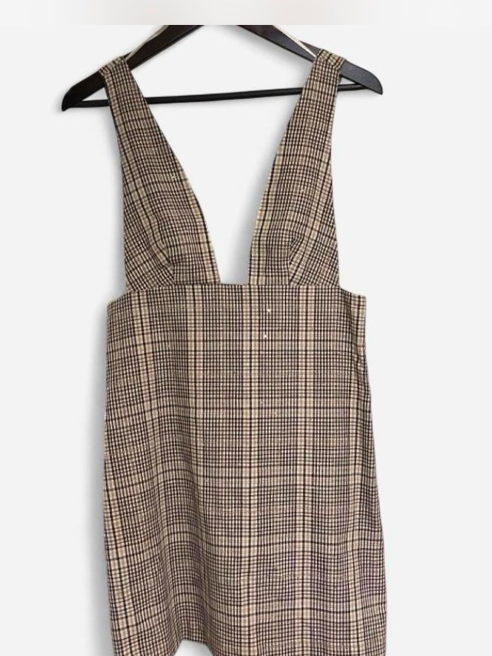 Zara Plaid Deep V Sleeveless Mini Pinafore-Style Dress Brown Cream Check Size S